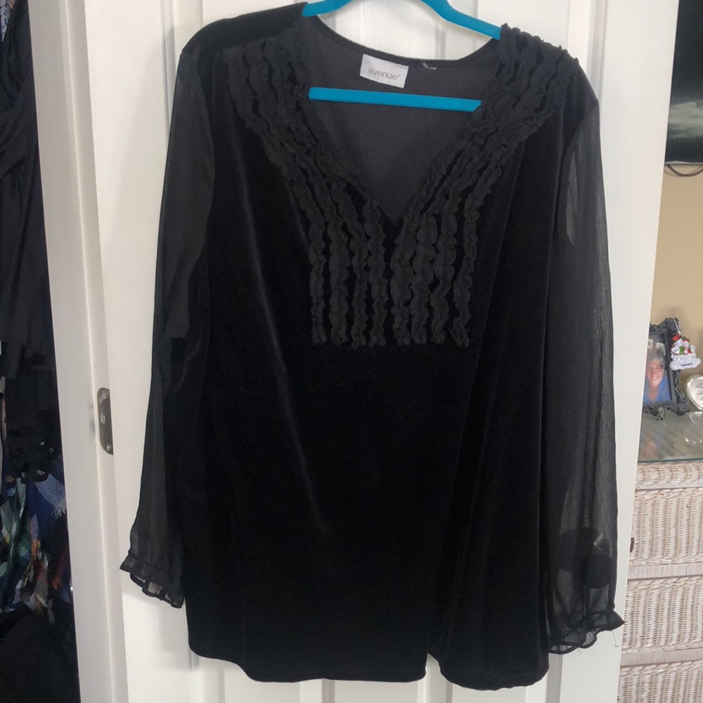 Avenue black ruffle blouse with sheer sleeves